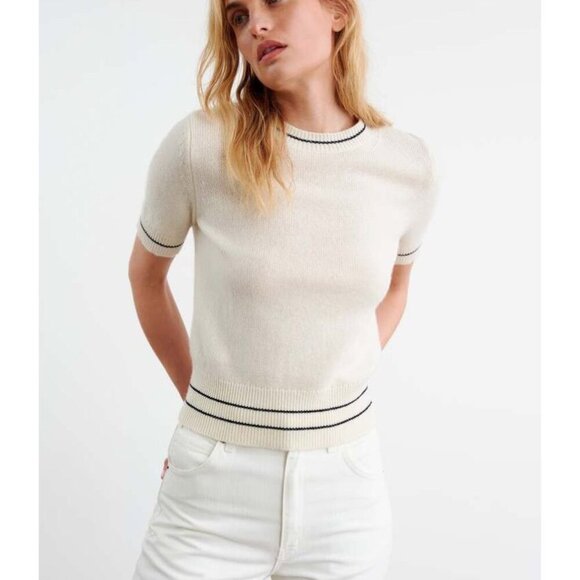 NILI LOTAN NWOT Shilo Sweater 100% Cashmere Tee Ivory W/ Black Striping Medium - Picture 1 of 9